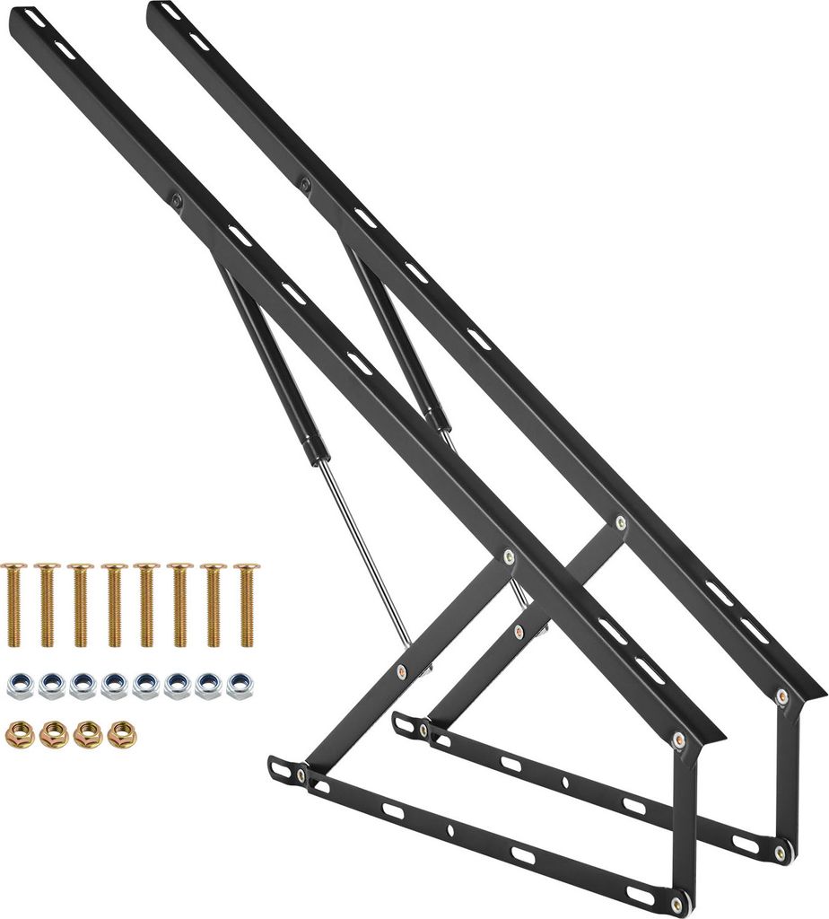 A pair of black bed lift mechanisms and associated hardware are displayed against a white background.