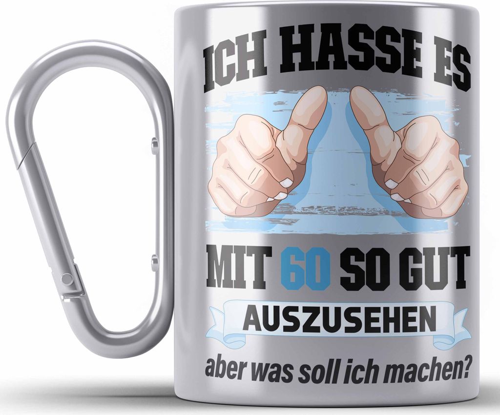 Trendation - 60. Geburtstag Edelstahl Tasse Karabiner Frau Männer Geschenk 60er Geschenkidee 60 Mutter Vater Mann Frauen Lustig Geschenke Deko (Si...