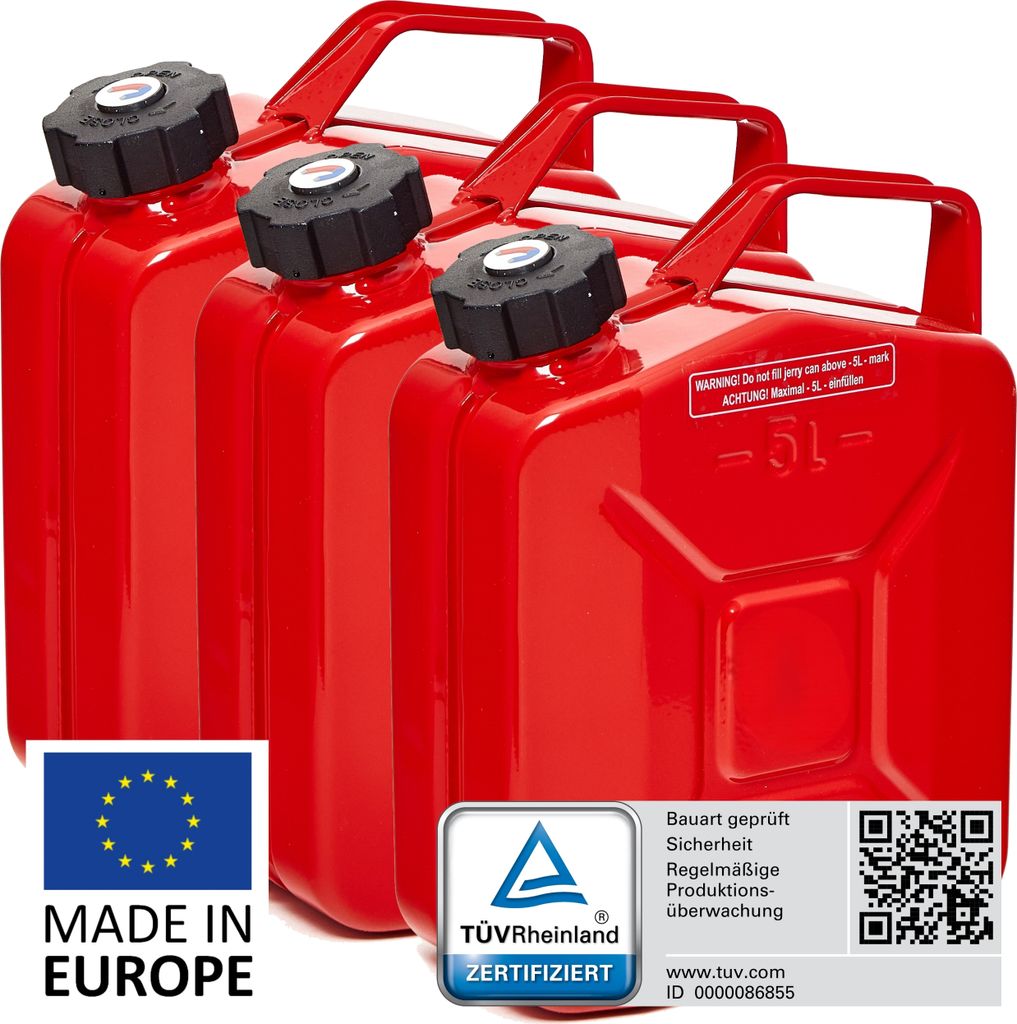 BW Kraftstoffkanister Metall Benzinkanister 3x 5 Liter mit Schraubverschluss - Rot RAL 3000 - UN-Zulassung - Hergestellt in Europa
