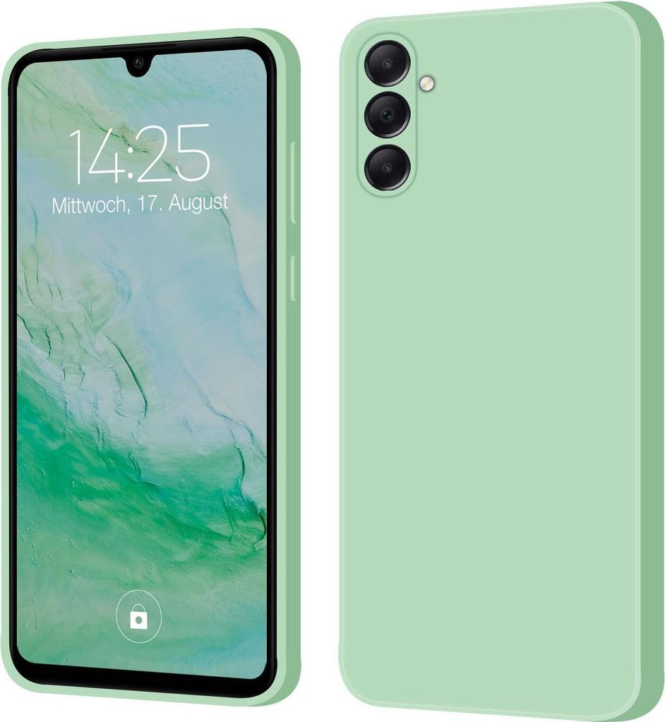 A product image showing a phone case for a Samsung Galaxy A05s in turquoise. The image displays the front and back of the phone with the case on. The phone screen shows the time and date.
