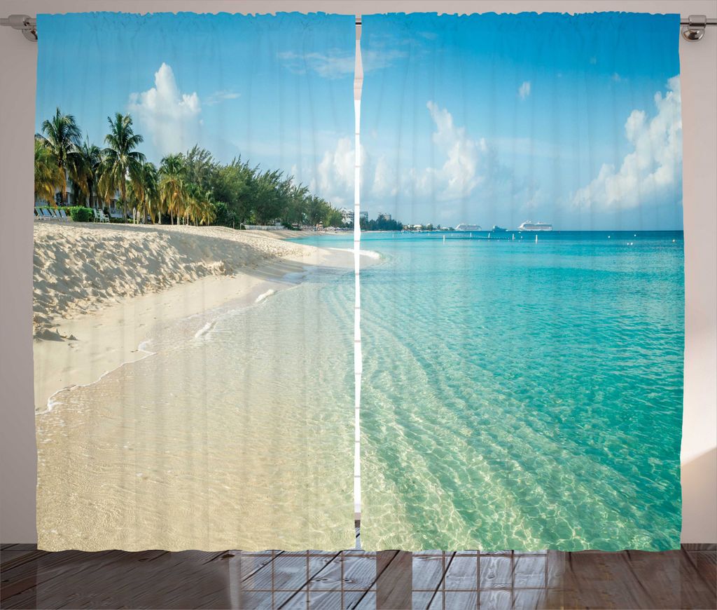 ABAKUHAUS Insel Rustikaler Vorhang, Seven Mile Beach Bild-Kunst, Wohnzimmer Universalband Gardinen mit Schlaufen und Haken, 280 x 225 cm, Himmelbla...