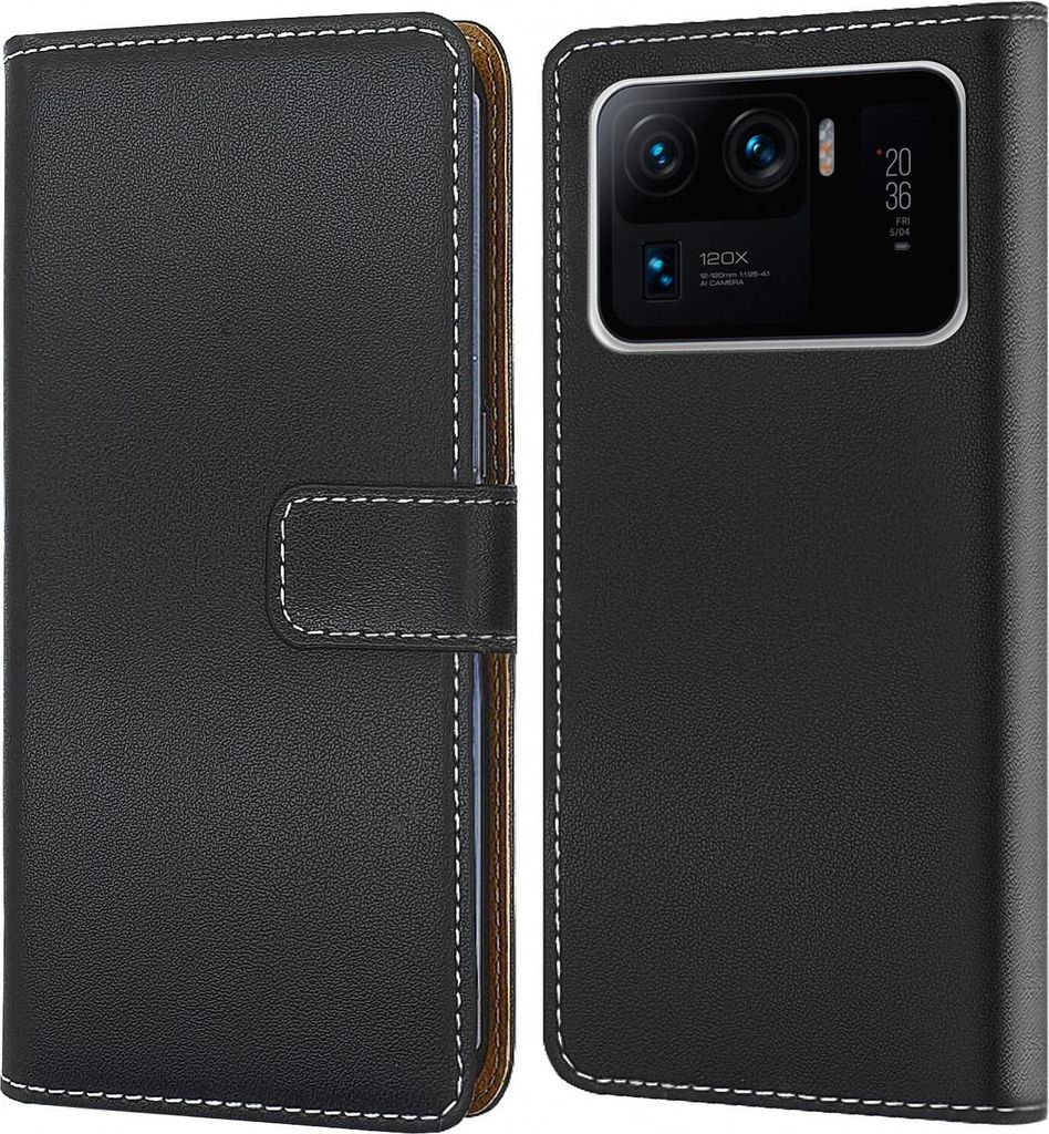 A black flip-style phone case for a Xiaomi Mi 11 Ultra is shown, open to reveal the phone's camera module.