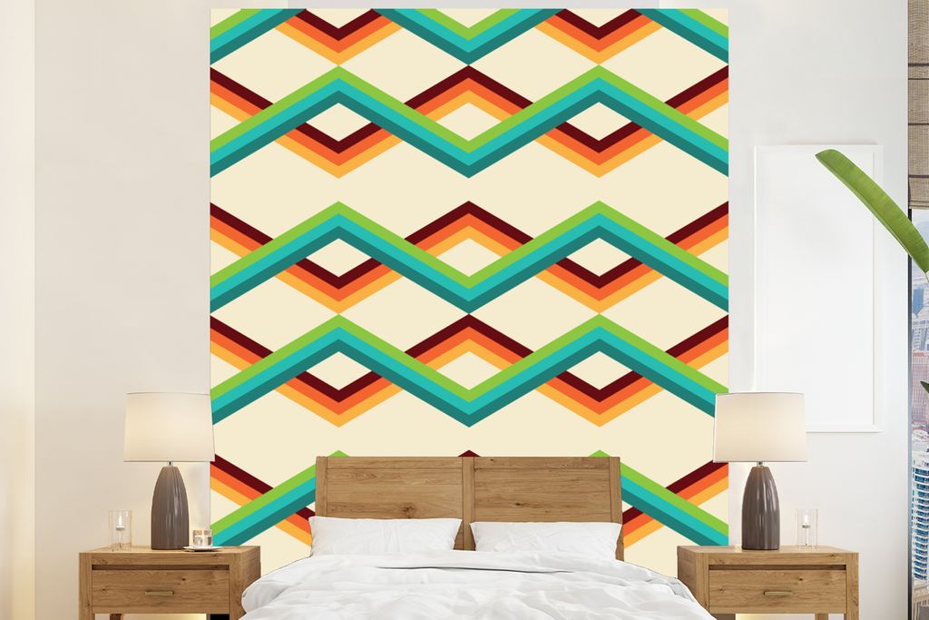MuchoWow Fototapete für Wohnzimmer oder Schlafzimmer Wandtapete Vinyl Motivtapete Retro - Streifen - Design - Siebziger Jahre - 195x240 cm - Gem...