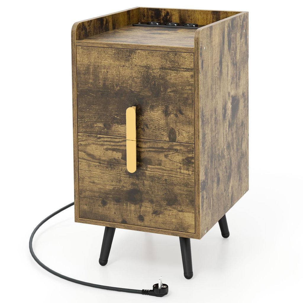 COSTWAY Nachttisch mit Ladestation, 2 Schubladen & USB-Anschlüssen, schmaler Beistelltisch, Nachtkommode 32x40x60cm