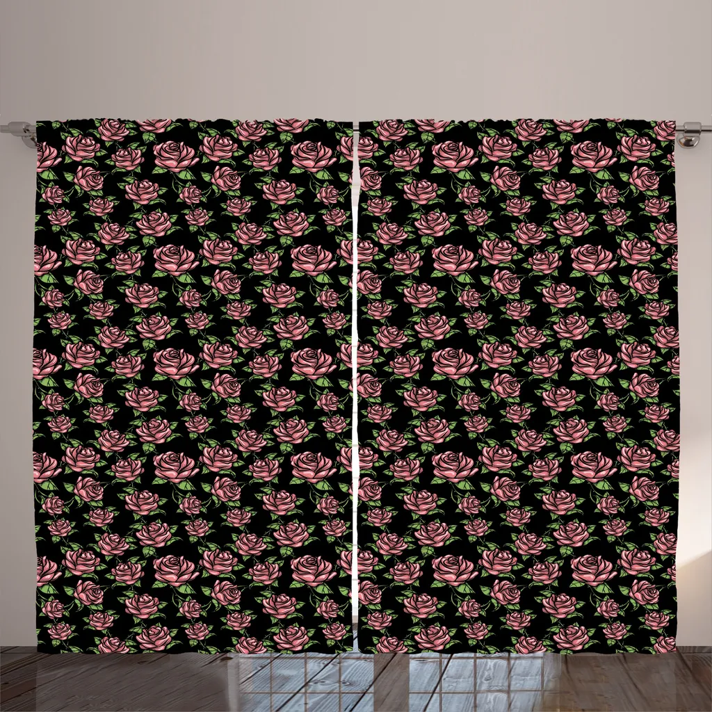 Rideau Floral Dessiné à la Main Rose et Taupe Rustique avec Accessoires