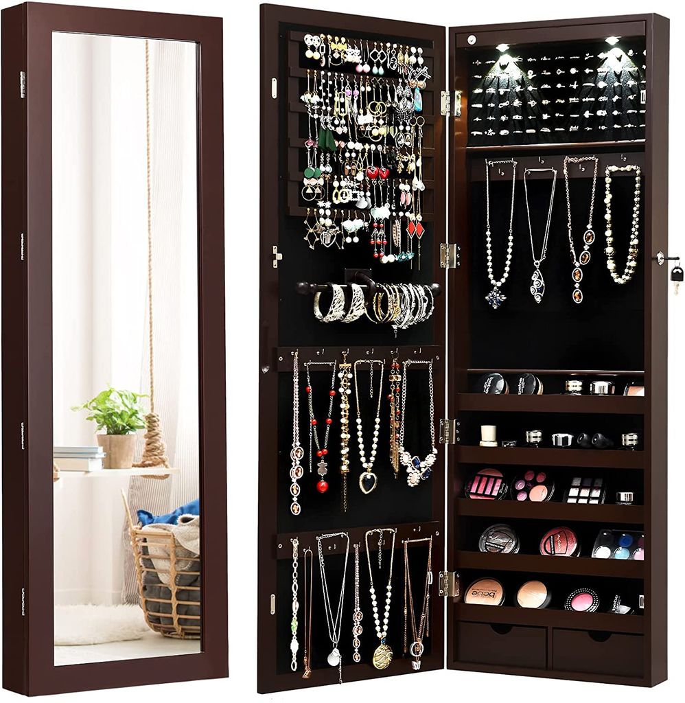 GOPLUS Schmuckschrank mit Ganzkörperspiegel, Schmuckregal mit Stauraum, Spiegelschrank für Ketten, Ohrringe und Schminke, verstellbar, abschließbar