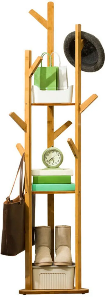 Porte-manteau Étagère en Bambou Naturel avec Support à Chaussures - 170cm
