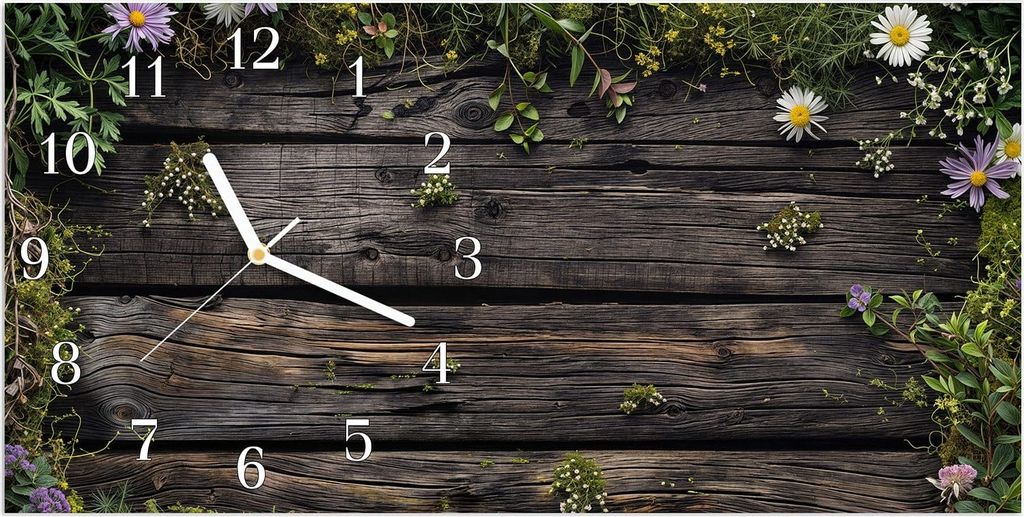Wanduhr aus Glas mit Motiv Holz mit Blumen- 60 x 30 cm - inkl. Aufhängesystem