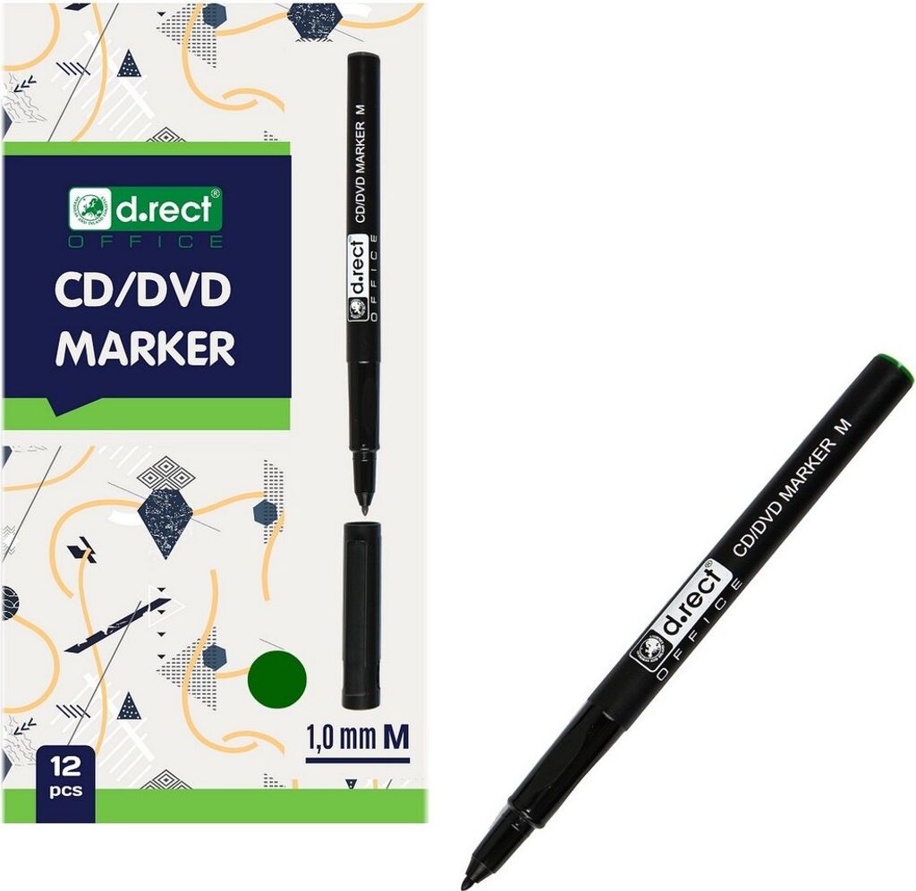 D.RECT - CD/DVD Marker Stift | Set 12 Stück | 1.0 mm | Permanentstift | Ideal für Glas, Kunststoff und Folie| Sehr Universell | Grün
