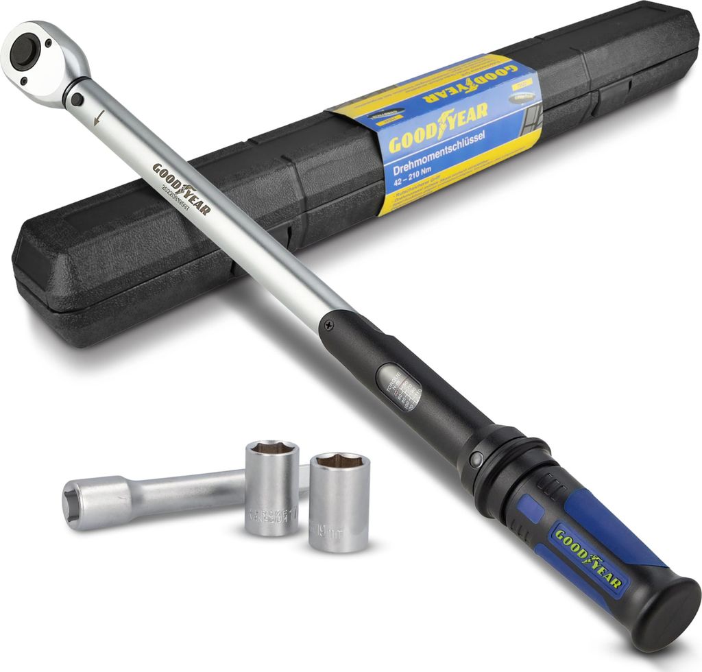 A Goodyear torque wrench and its accessories are displayed on a white background.