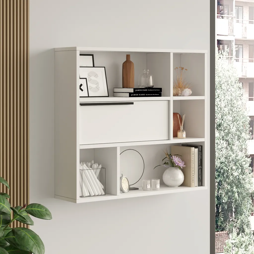 Étagère murale blanche à 5 compartiments et rangement fermé porte battante