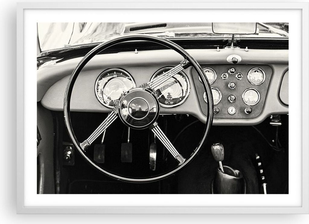 Gerahmtes Poster - Weißer Rahmen - Lenkrad Auto Vintage - 70x50 cm - Wand Bild - Wanddeko - Wandbilder - Kunstposter - Wandposter - Bilderrahmen -...