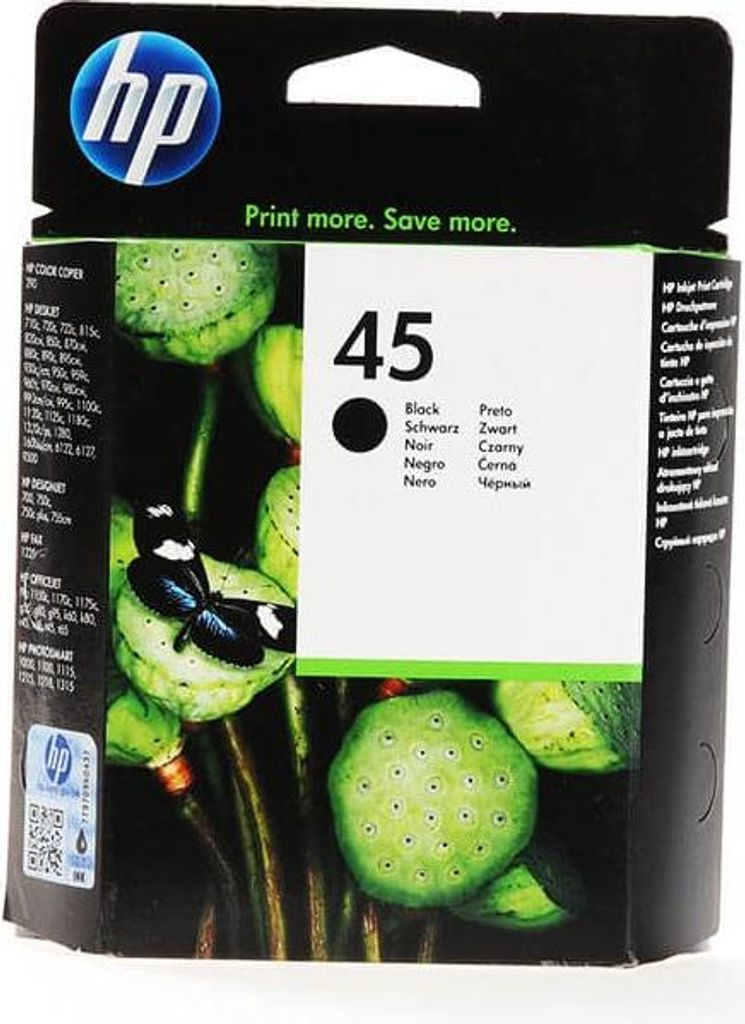 The image shows the packaging of an HP ink cartridge, featuring a close-up of lotus seed pods and a butterfly.