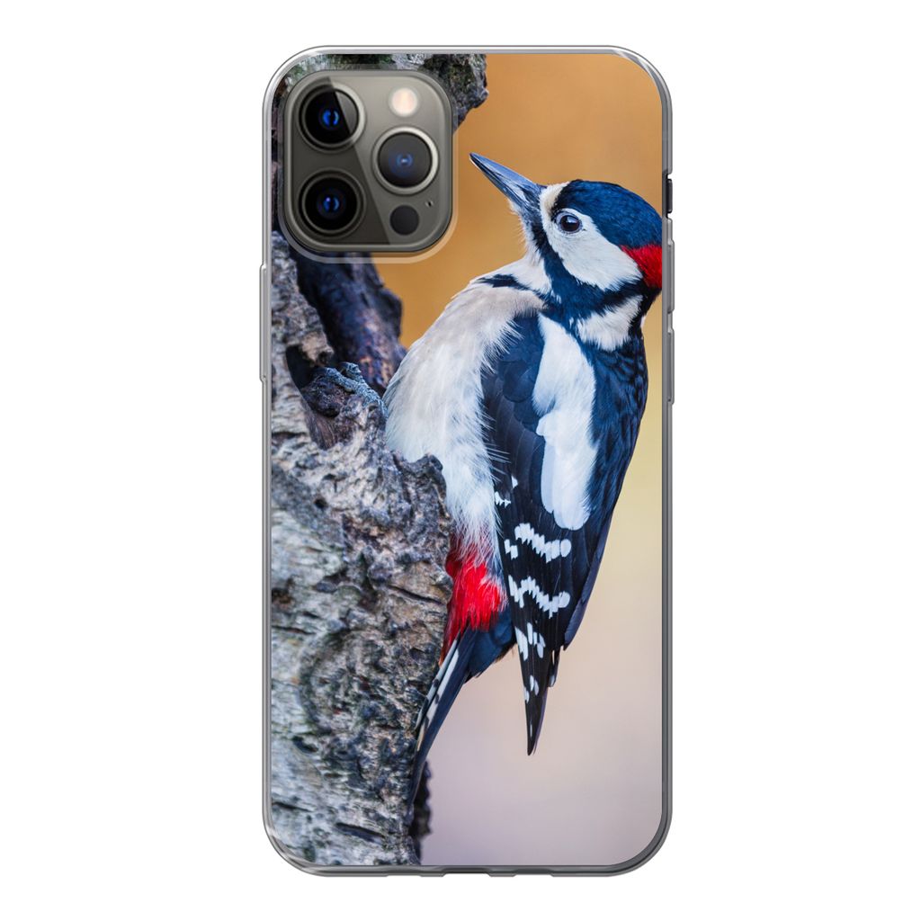 MuchoWow Handyhülle Schutzhülle Hülle für iPhone 12 Pro Nahaufnahme eines Buntspechts auf einem Baumstamm Silikon Softcase Handy Hülle - Abd...