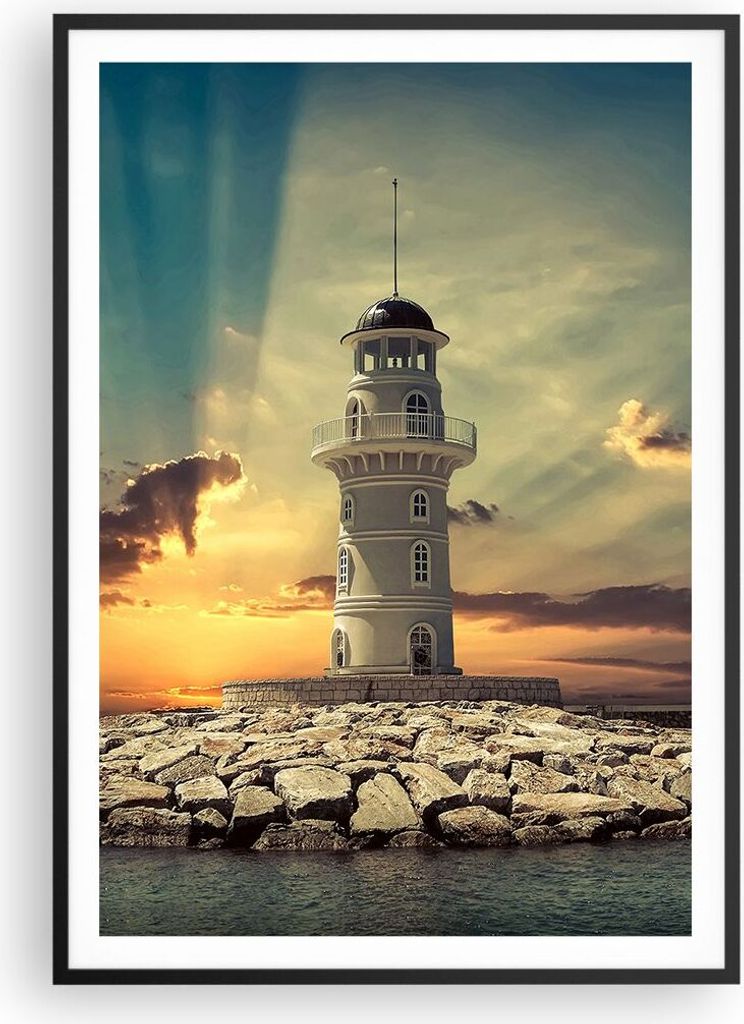 Gerahmtes Poster - Schwarzer Rahmen - Leuchtturm Wasser Meer Steine - 70x100 cm - Wand Bild - Wanddeko - Wandbilder - Wandposter - Bilderrahmen - B...