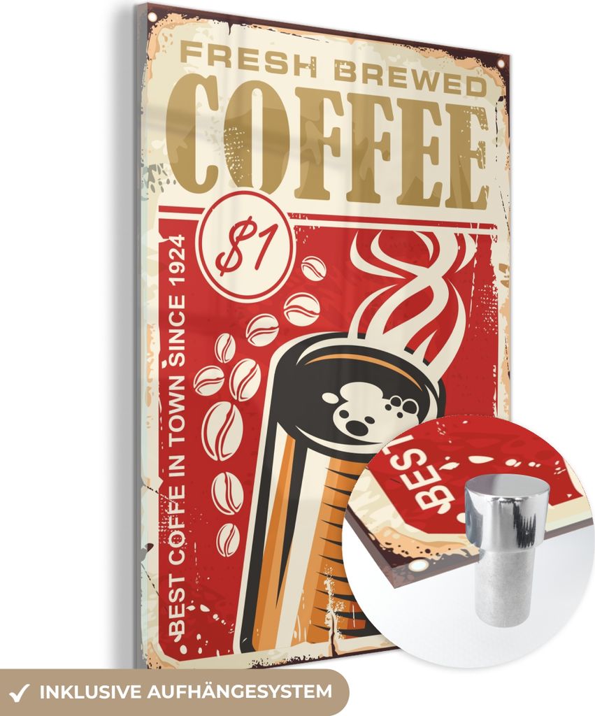 MuchoWow Glasbilder - Bilder auf Wandbild - Foto auf Glas Kaffee - Vintage - Teller - Kaffee 60x80 cm Wanddekoration aus Glas - Acrylglasbild - Acr...