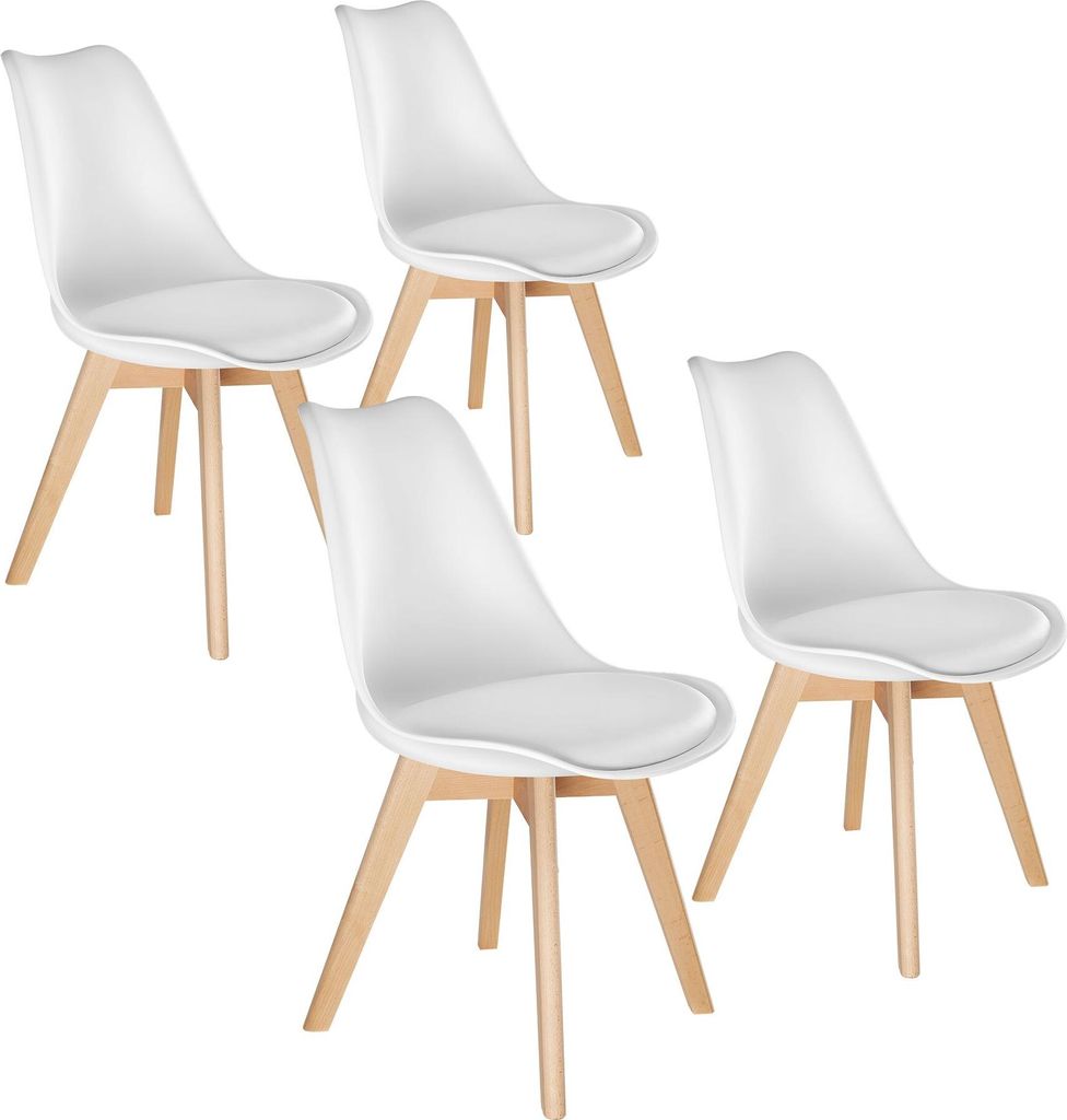 Four white dining chairs with light wood legs are arranged on a white background.