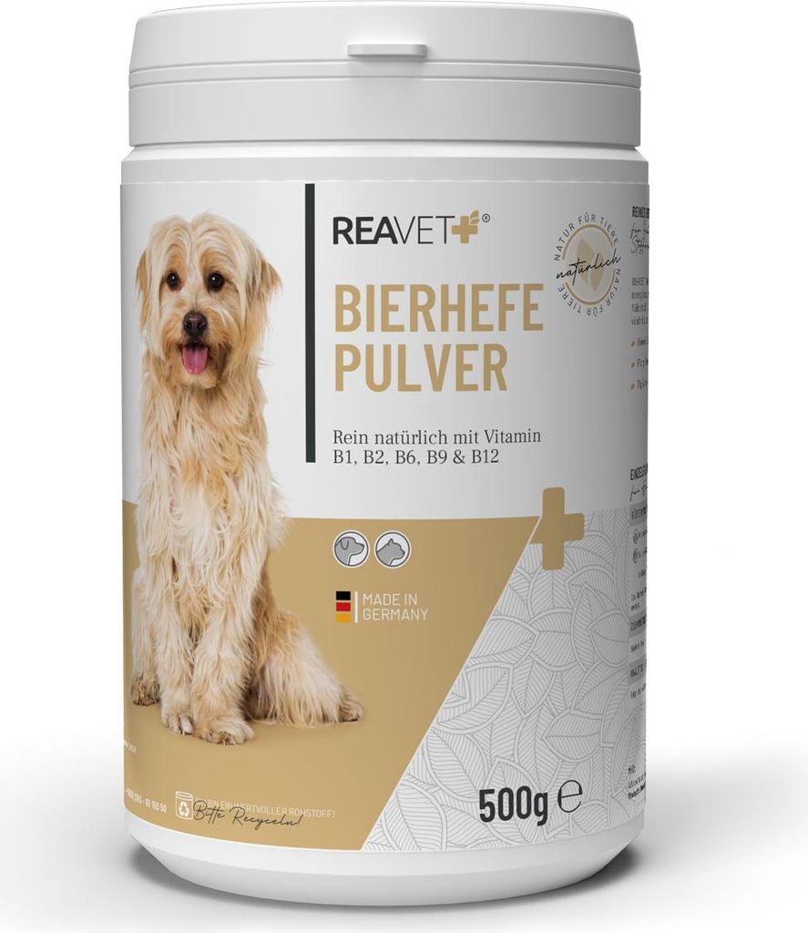 REAVET Bierhefe Pulver für Hunde & Katzen 500g - Reine Bierhefe gemahlen gegen Haarausfall, Natürliche B Vitamine und Biotin für Hund und Katze,...
