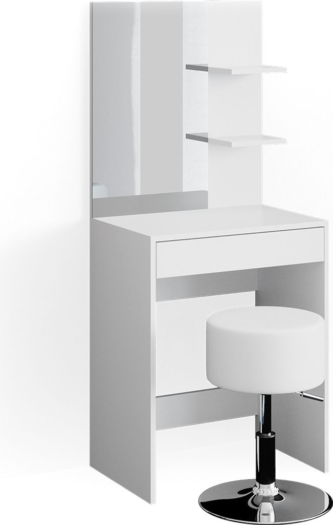 A white vanity table with a stool against a white background.