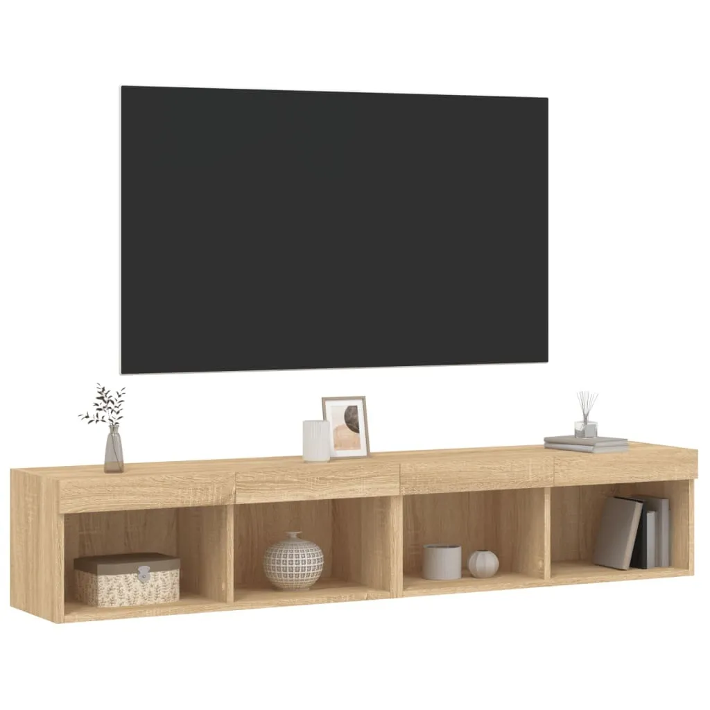 Ensemble meuble TV suspendu avec éclairage LED étagère murale bois clair