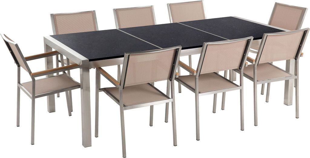 BELIANI Gartenmöbel Set Schwarz Beige Granit Edelstahl Tisch 220 cm Poliert 8 Stühle Terrasse Outdoor Modern