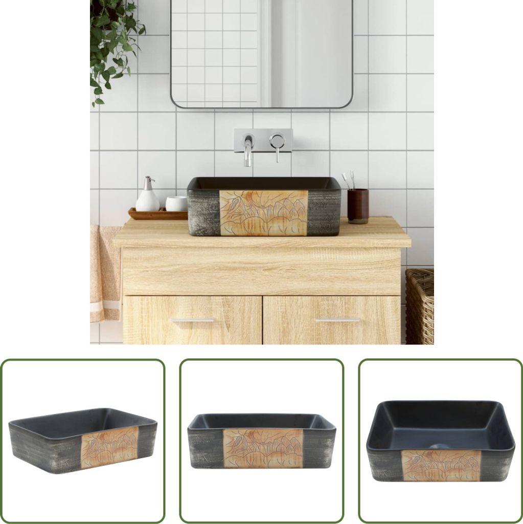 The Living Store Aufsatzwaschbecken Schwarz Braun Rechteck 46x35,5x13cm Keramik