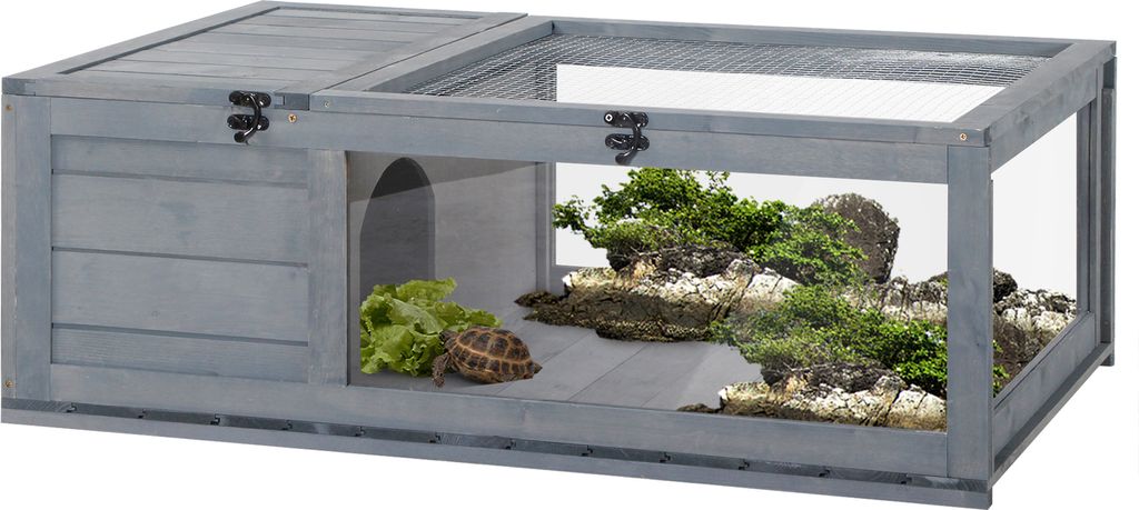 PawHut Schildkrötenhaus aus Holz Schildkrötengehege mit Haupthäusern aufklappbarem Oberseite, Outdoor Reptilienkäfig Terrarium für Schildkröt...