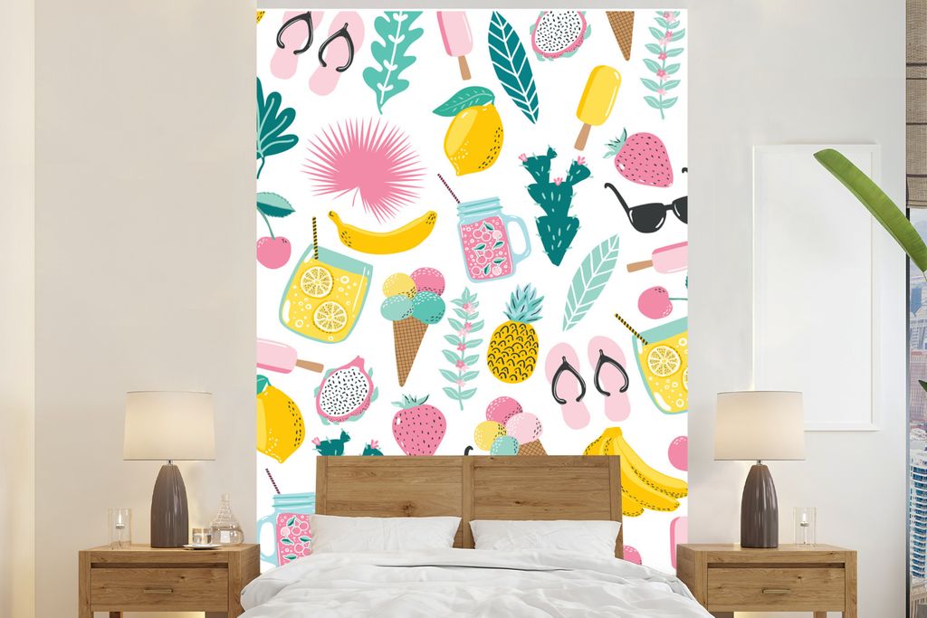 MuchoWow Fototapete für Wohnzimmer oder Schlafzimmer Wandtapete Vinyl Motivtapete Sommer - Symbole - Weiß - 145x220 cm - Wanddekoration