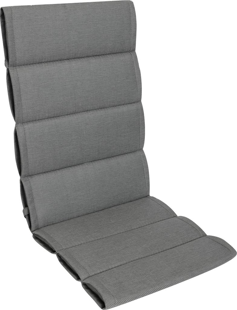 A gray chair cushion laid out flat against a white background.