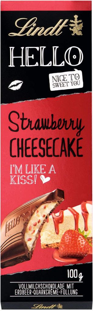 A chocolate bar wrapper with a depiction of strawberry cheesecake.
