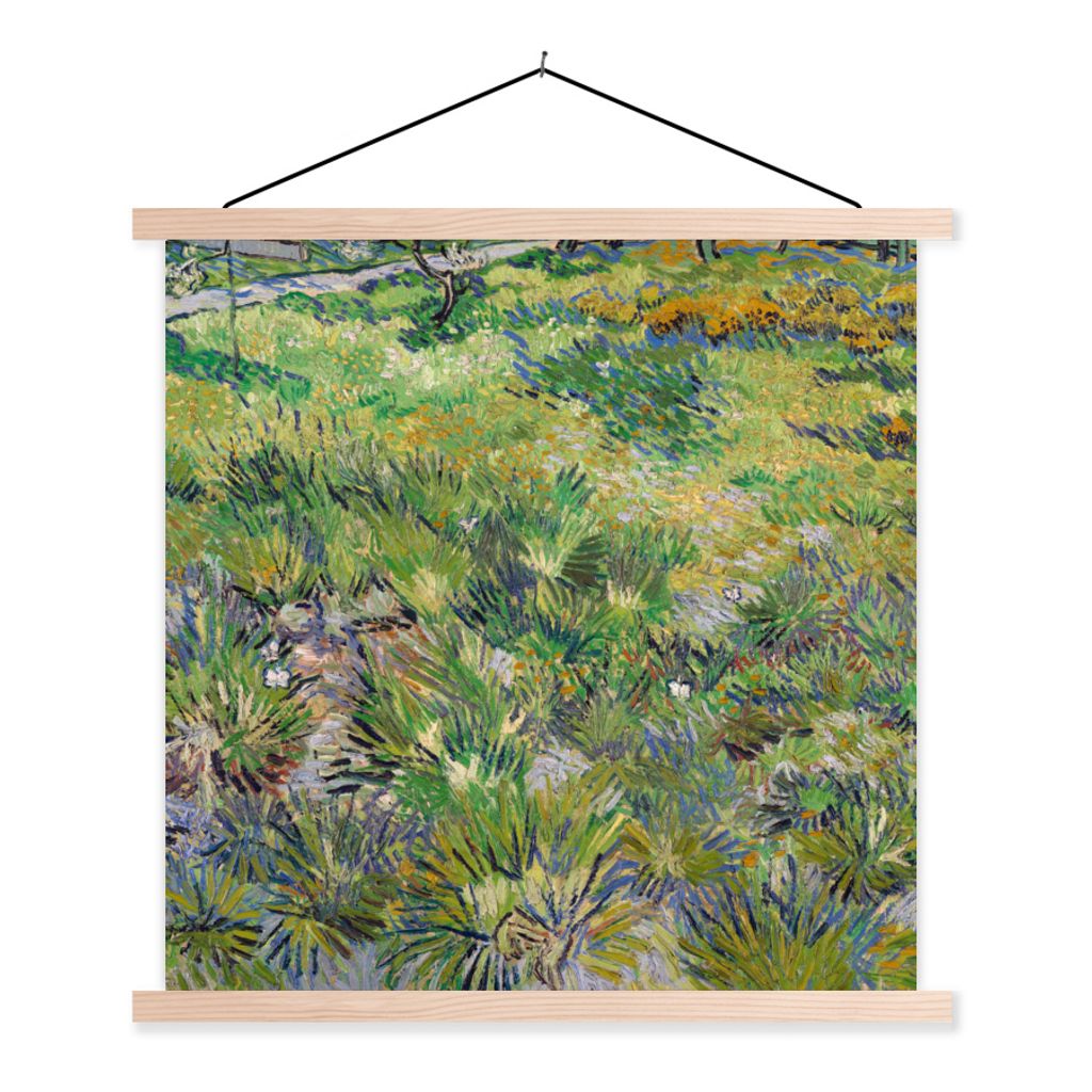 MuchoWow Textilposter Langes Gras mit Schmetterlingen - Vincent van Gogh 60x60 cm mit holzfarbenen Rahmen - Wanddekoration