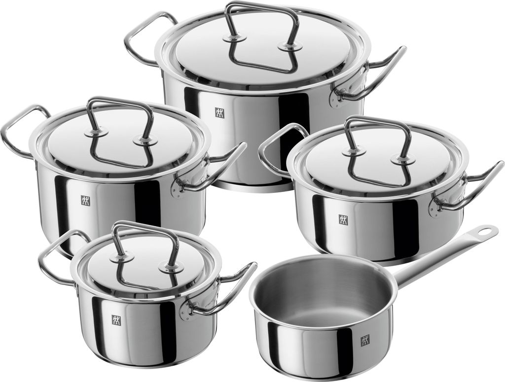 A set of five polished stainless steel pots and pans with lids, arranged on a white background.