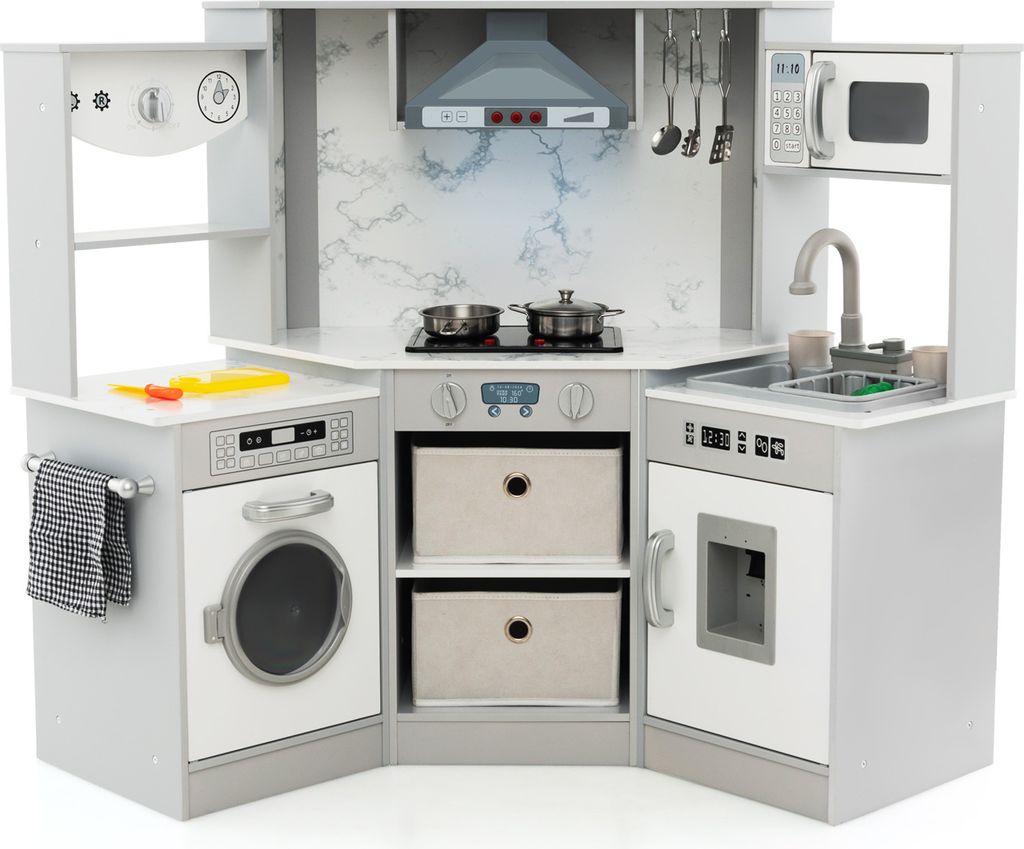 GOPLUS Kinderküche aus Holz, Spielküche mit realistischem Licht und Sound, Wasserkreislaufsystem, Waschmaschine und Zubehör, Spielzeugküche Rol...