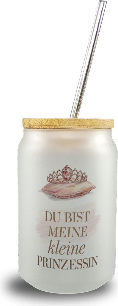 Meine kleine Prinzessin Trinkglas mit Bambusdeckel Tiara auf Kissen