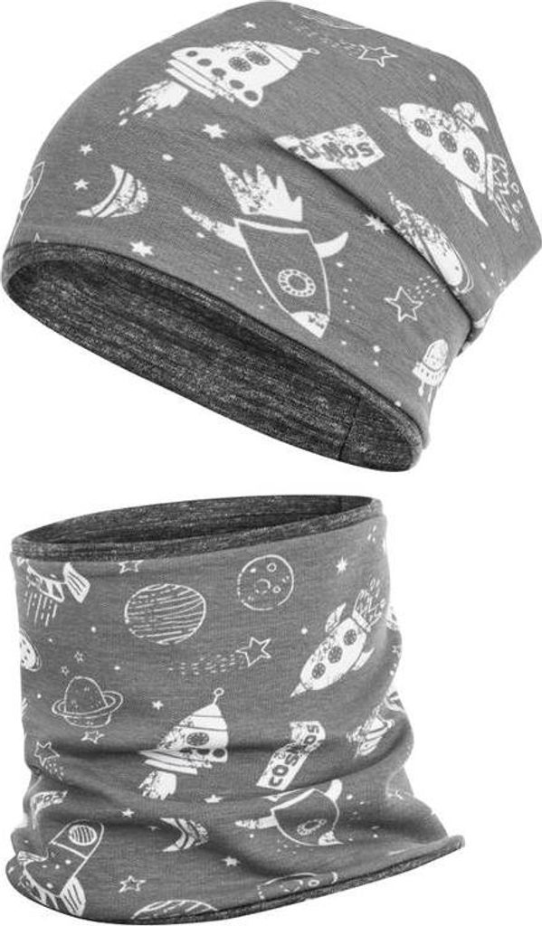 Übergangsmütze + Schlauchschal Beanie Stoffmütze Jungenmütze im Set Loop Baumwolle, Grau-Weltall, Gr. 46-48