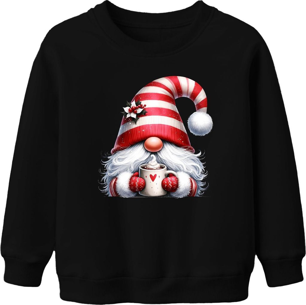 Niedlicher Weihnachtswichtel mit Tasse und Herz Weihnachtsgeschenk Uni Kinder Sweatshirt Pullover, Schwarz, 116