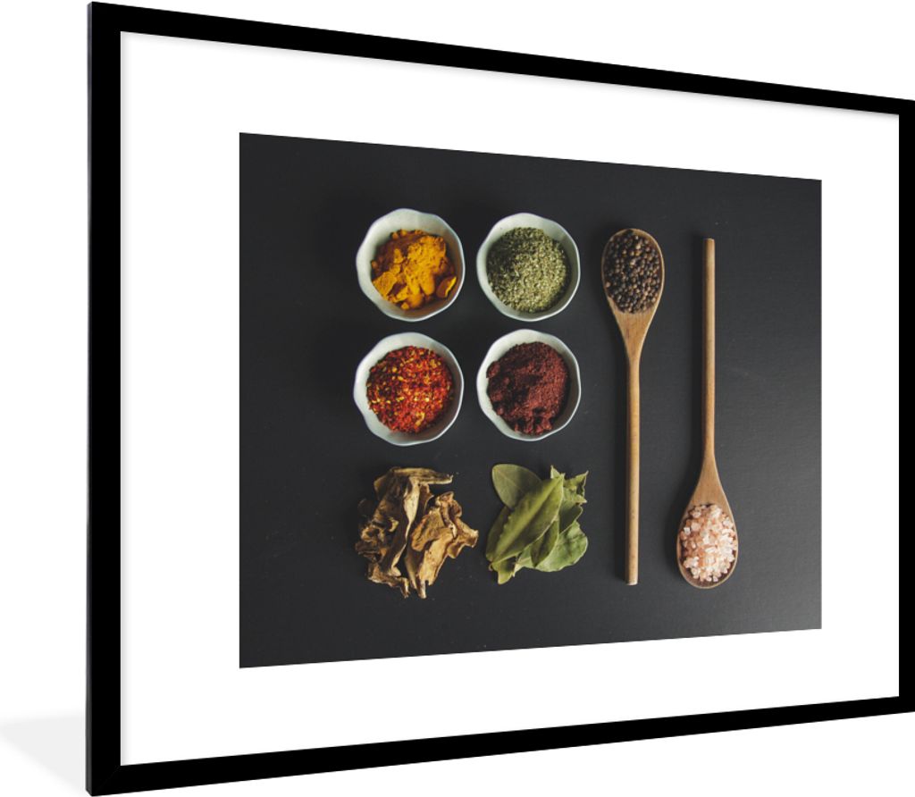 MuchoWow Gerahmtes Poster Schöpfkelle - Gewürze - Kräuter - Grün - Braun - Rustikal 80x60 cm - Poster mit Schwarzem Bilderrahmen Wandposter R...