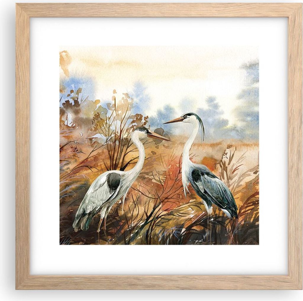 Gerahmtes Poster - Rahmen in heller Eiche - Kraniche Vögel Herbst - 30x30 cm - Wand Bild - Wanddeko - Wandbilder - Kunstposter - Wandposter - Bild...