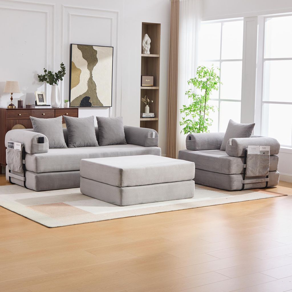 STILVORA 4-Sitzer Sofa mit und Hocker, Wohnsofa mit Seitentasche und 4 Kissen, Modulares Sofa mit hochdichter Schaumstoffpolsterung frei kombinierb...