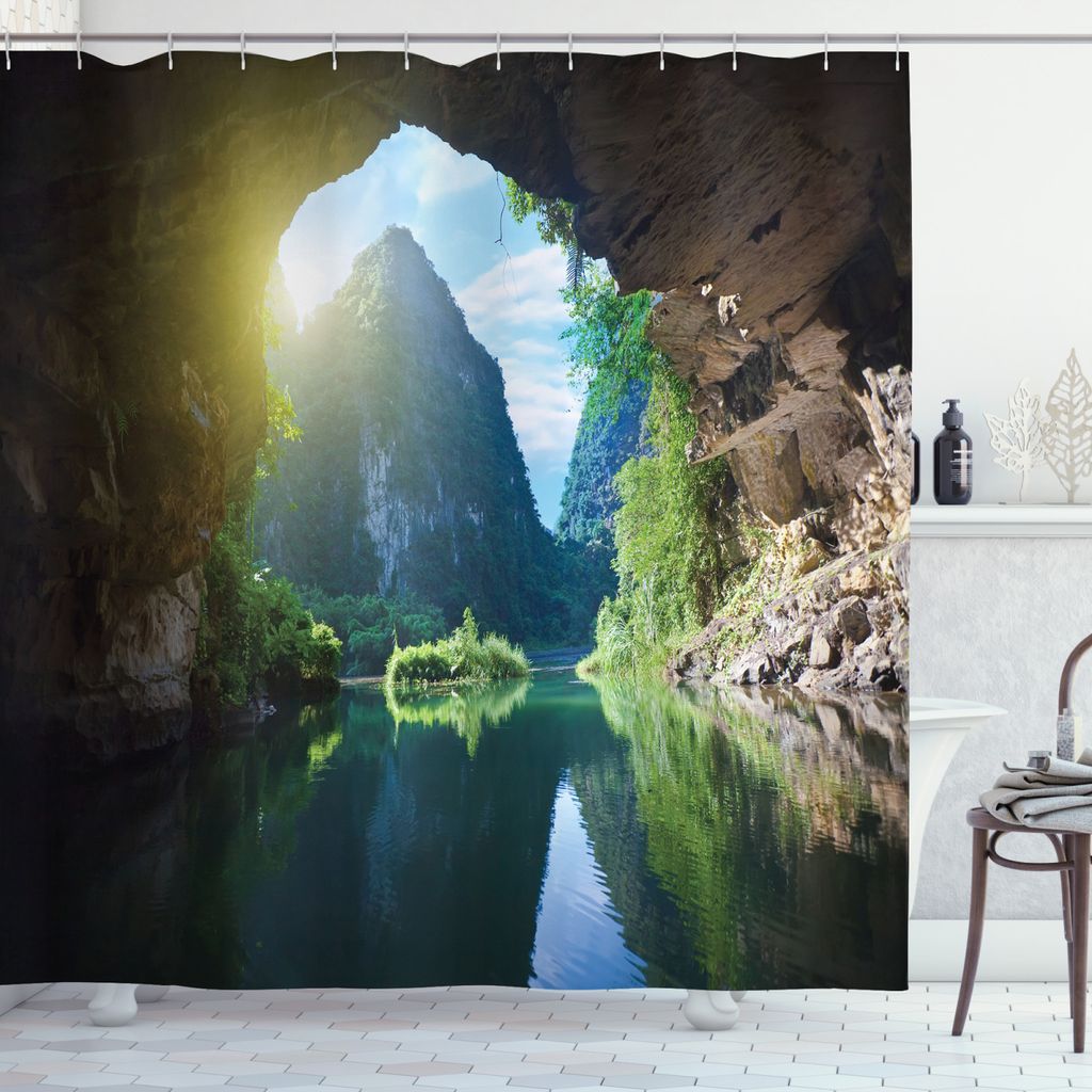 ABAKUHAUS Natur Duschvorhang, Mountain Sky-Landschaft, Wasser Blickdicht inkl.12 Ringe Langhaltig Bakterie und Schimmel Resistent, 175 x 200 cm, Me...