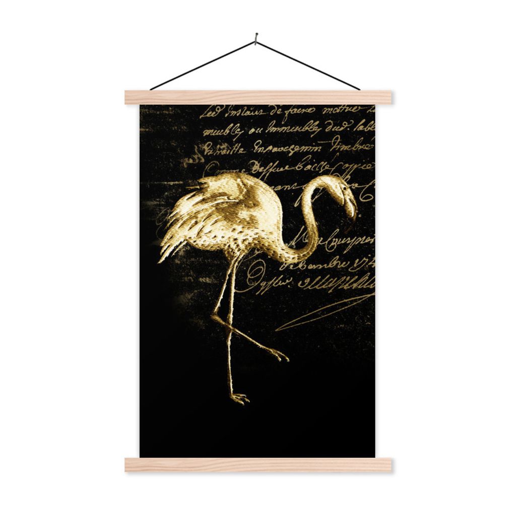 MuchoWow Textilposter Flamingo - Illustration - Gold 40x60 cm mit holzfarbenen Rahmen - Poster