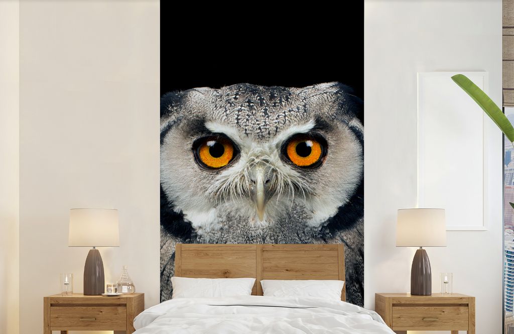 MuchoWow Fototapete für Wohnzimmer oder Schlafzimmer Wandtapete Vinyl Motivtapete Eule - Vogel - Orange - Schwarz - 120x240 cm - Hintergrundbild