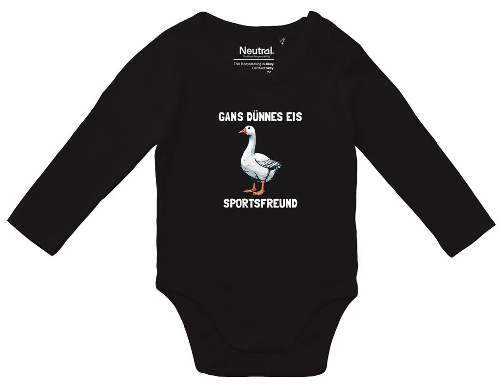 Huuraa Baby Body Gans dünnes Eis Sportsfreund Gans Meme 68 Black Baumwolle Fairtrade Langarmbody Geschenkidee