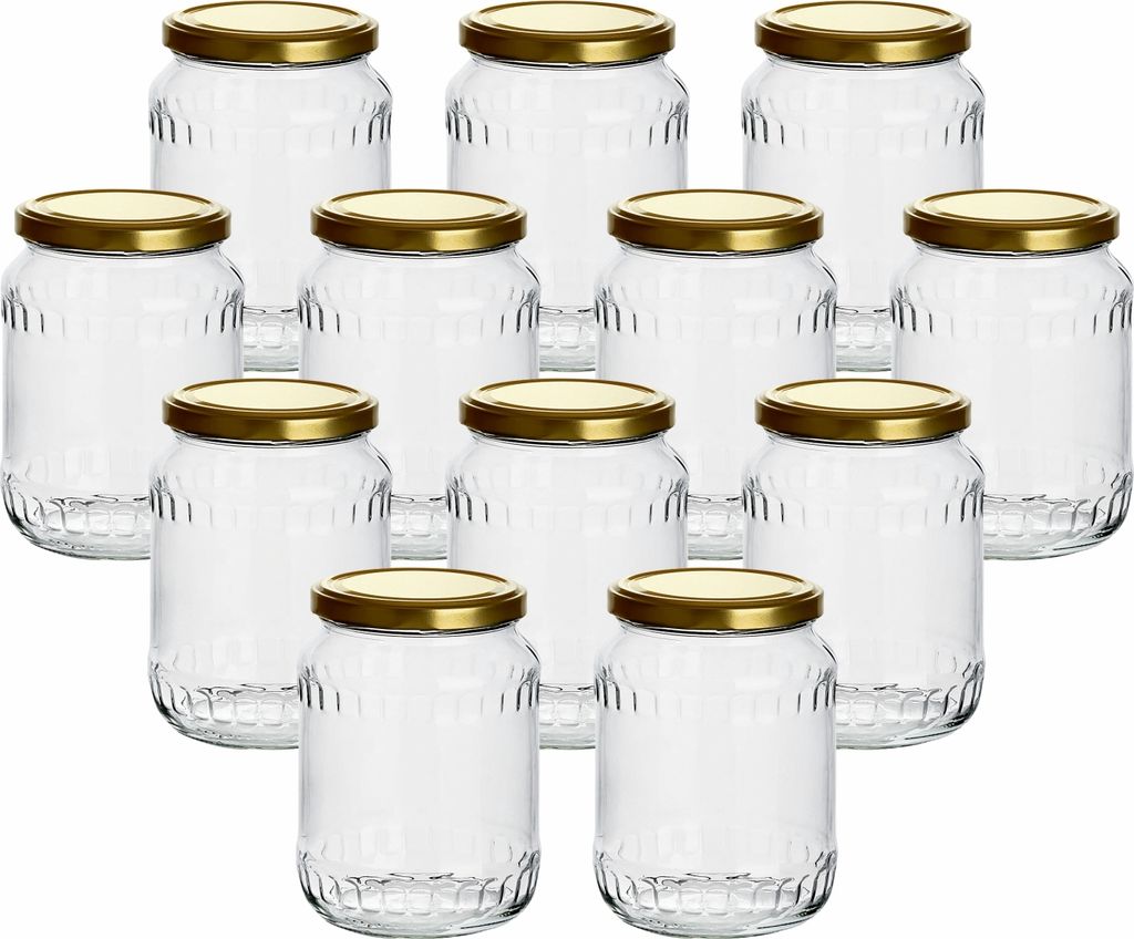 gouveo 12er Set Einmachgläser 720 ml Facette mit Schraub-Deckel goldfarben - Große Vorratsgläser mit Drehverschluss TO82 - Leere Marmeladengläs...