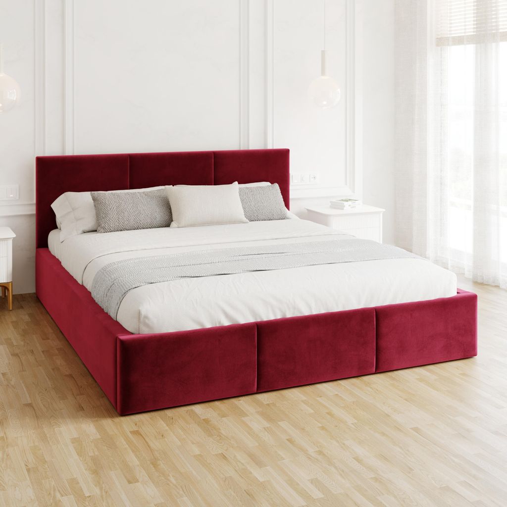 FDM Bett AMBER Paris 140x200 cm Polsterbett mit Lattenrost aus Metall Bettkasten Stauraumbett Samt wine