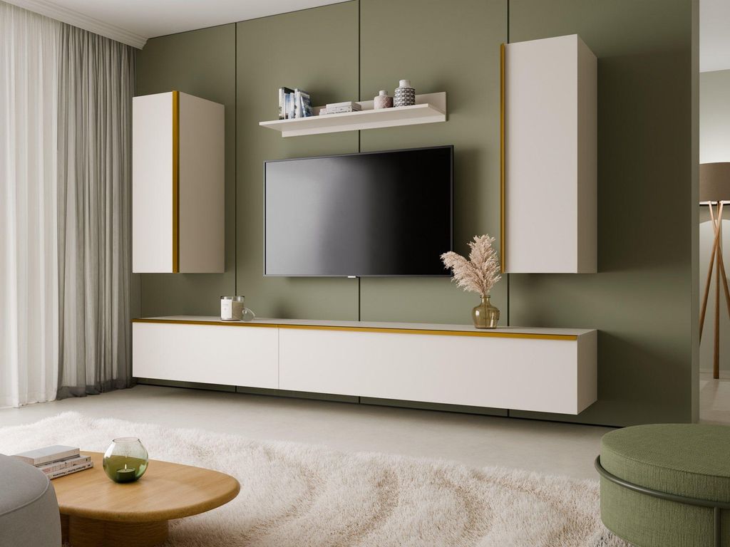 MONCLERO GF1 | Wohnwand SANTI 1G Kaschmir Matt Gold – TV Wandmöbel Set Wohnzimmer mit Hängeschränken & Regal 5-teilig