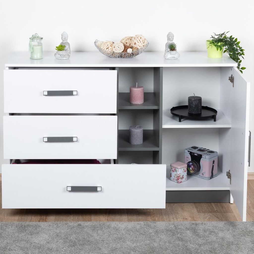 Kinderzimmer - Kommode Frank 07, Farbe: Weiß / Grau - 83 x 130 x 40 cm (H x B x T)
