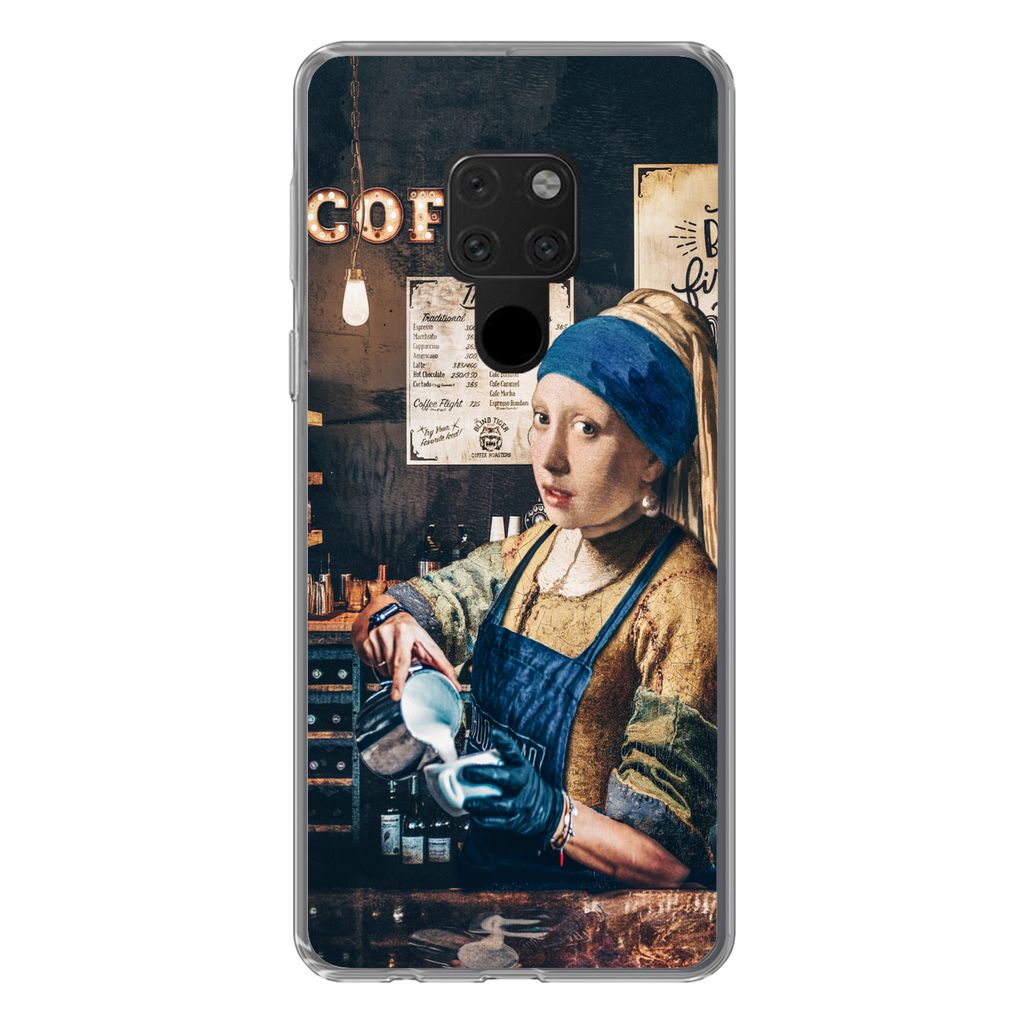 MuchoWow Handyhülle Schutzhülle Hülle für Huawei P40 Lite Mädchen mit Perlenohrring - Cappuccino - Barista - Vermeer - Kaffee - Gemälde Sil...