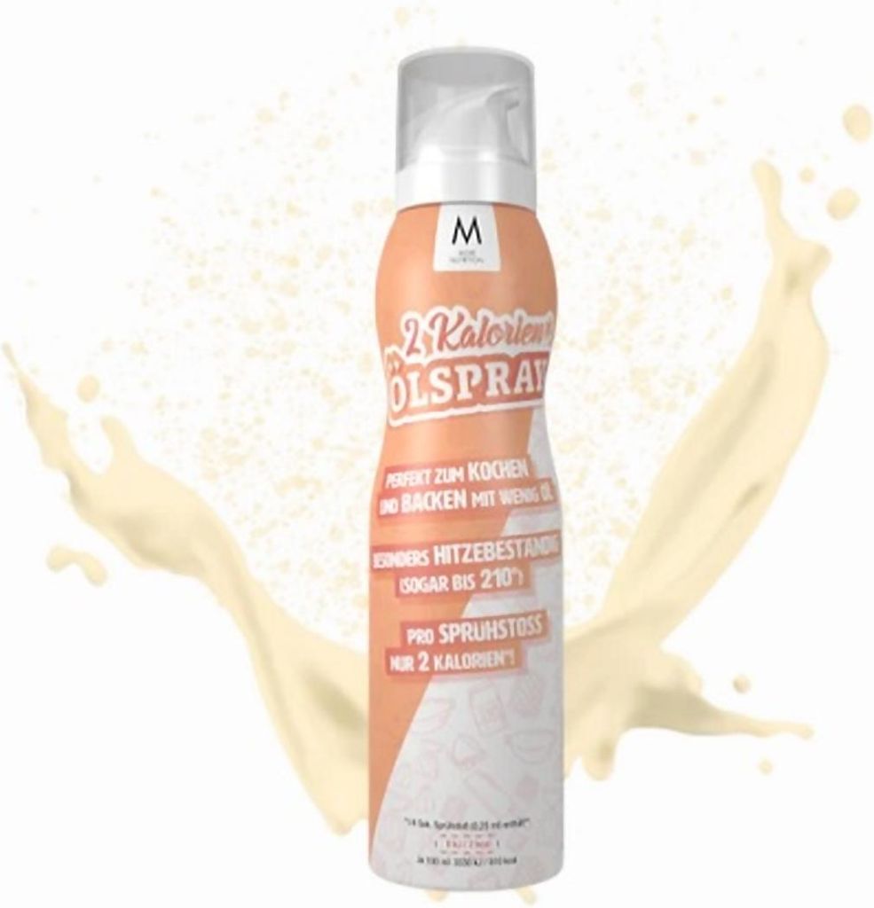 A bottle of cooking spray with liquid splashes around it.