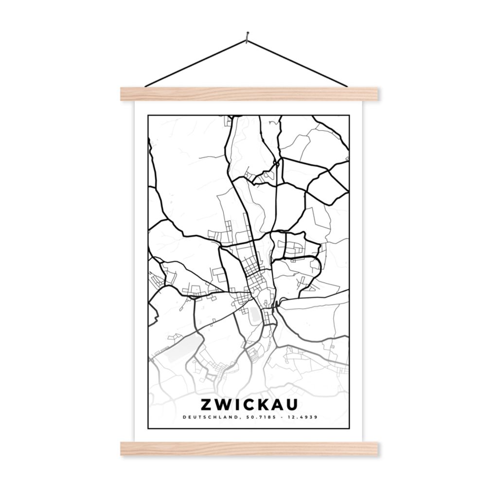 MuchoWow Textilposter Zwickau - Karte - Stadtplan 120x180 cm mit holzfarbenen Rahmen - Textil-Plakat